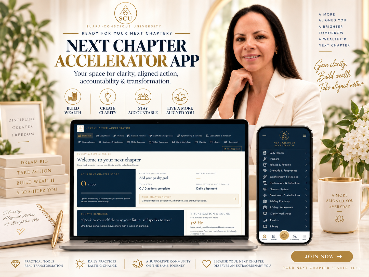 Next Chapter Accelerator app shown on laptop and phone with Rosalia Quintana